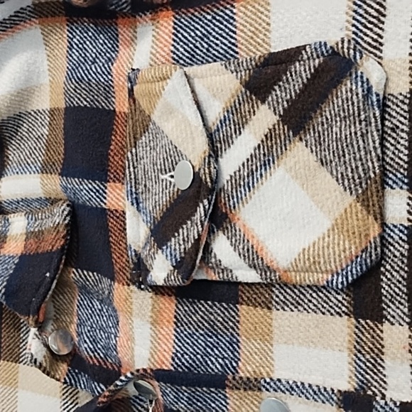 Plaid Thick Yarn Dyed Flannel Chore Coat Barn Jacket Navy Orange Tan Cream - Picture 5 of 9